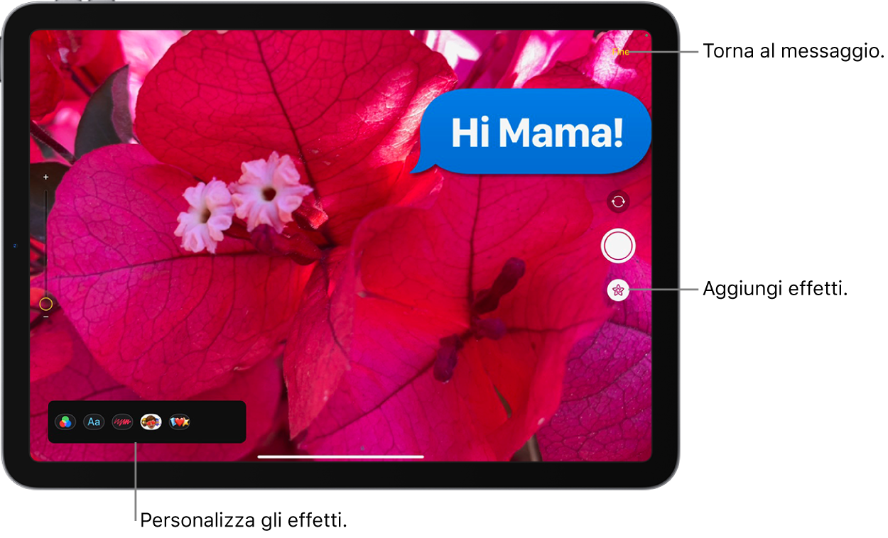 Modifica di una foto all’interno di Messaggi. Le opzioni per applicare i vari effetti vengono visualizzate nell’angolo in basso a destra della foto.