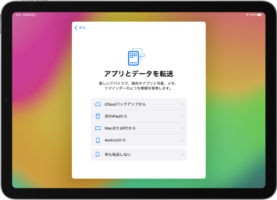 設定画面。iCloudバックアップ、別のiPad、MacやPC、Androidデバイスからアプリとデータを転送するオプションがあります。