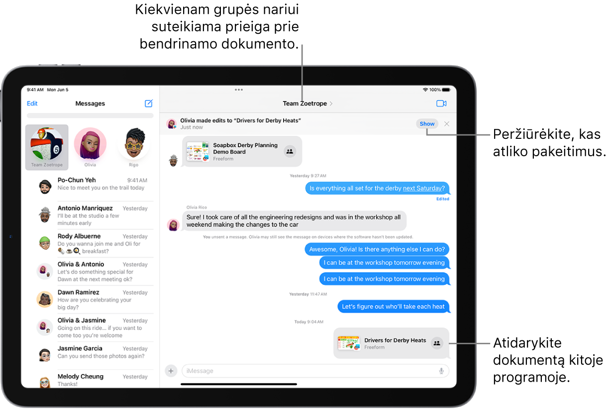 „Messages“ grupės pokalbis, įskaitant kvietimą bendradarbiauti ir pokalbio viršuje rodomus pakeitimus.