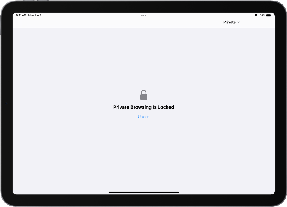 „Safari“ atidaryta atlikti „Private Browsing“. Ekrano centre yra užrašas „Private Browsing Is Locked“ (privatus naršymas užrakintas). Po juo yra mygtukas „Unlock“.