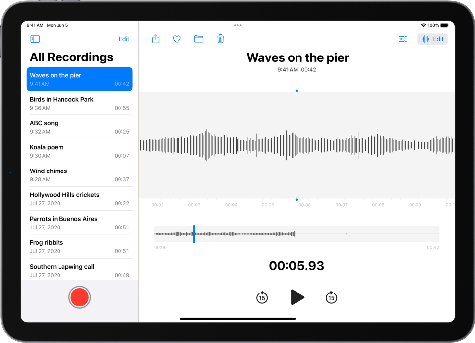 Programoje „Voice Memos“ užfiksuotas įrašas. Kairėje rodomas įrašų sąrašas, viršuje pasirinktas įrašas. Dešinėje, bangos formoje, rodoma grojimo žyma, kurią galite nutempti į konkrečią įrašo vietą. Virš bangos formos pateikti mygtukai „Share“, „Favorite“, „Move“, „Delete“, „Playback Settings“ ir „Edit“. Po laiko juosta yra atkūrimo valdikliai.