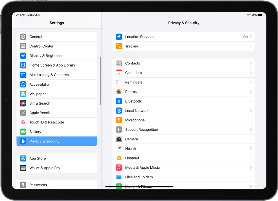 Ekranas „iPad Settings“. Kairėje ekrano pusėje yra šoninė juosta „Settings“, pasirinkta parinktis „Privacy & Security“. Dešinėje ekrano pusėje yra parinktis, leidžianti įjungti ir išjungti funkciją „Allow Apps to Request to Track“.