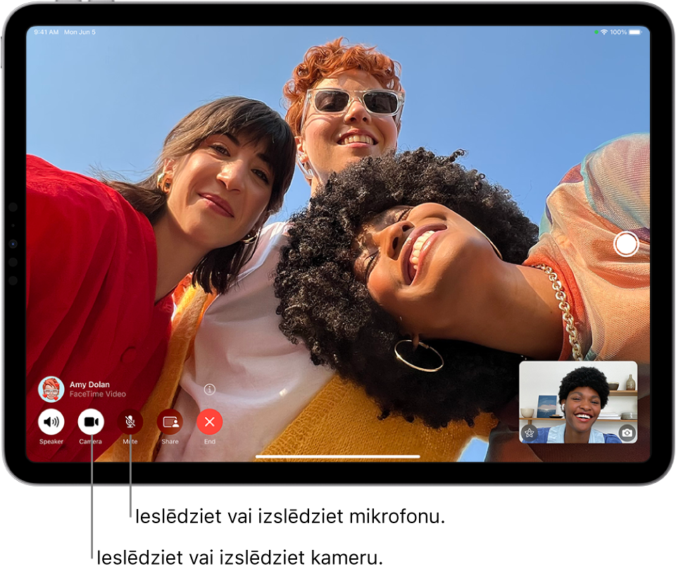 Lietotnes FaceTime ekrāns, kurā redzams notiekošs zvans. Zvanītāja attēls tiek rādīts mazā taisnstūrī apakšējā labajā stūrī, un adresāta attēls aizpilda visu pārējo ekrānu. Ekrāna apakšdaļā ir FaceTime vadīklas, tostarp šādas pogas: Speaker, Camera, Mute, Share Content un End. Vadības ierīču augšdaļā ir norādīts personas, ar kuru sarunājaties, vārds vai Apple ID.