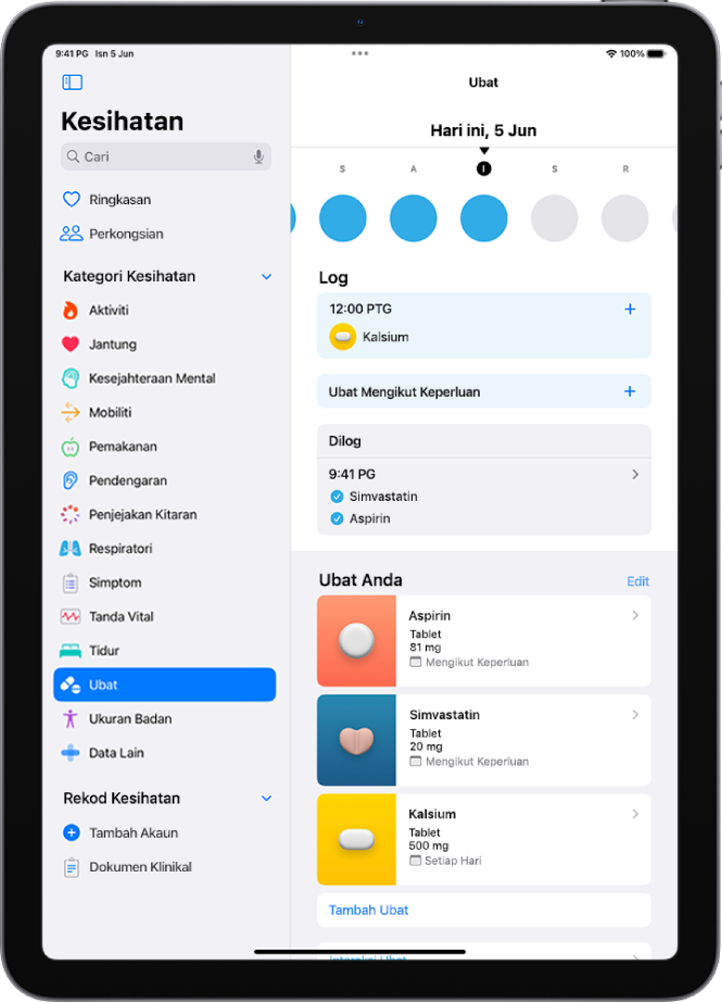 Skrin Ubat dalam Kesihatan menunjukkan tarikh dan log untuk ubat.