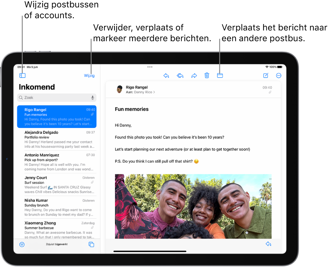 De postbus 'Inkomend' van Mail, met links een lijst met e‑mails en rechts een geopend bericht.