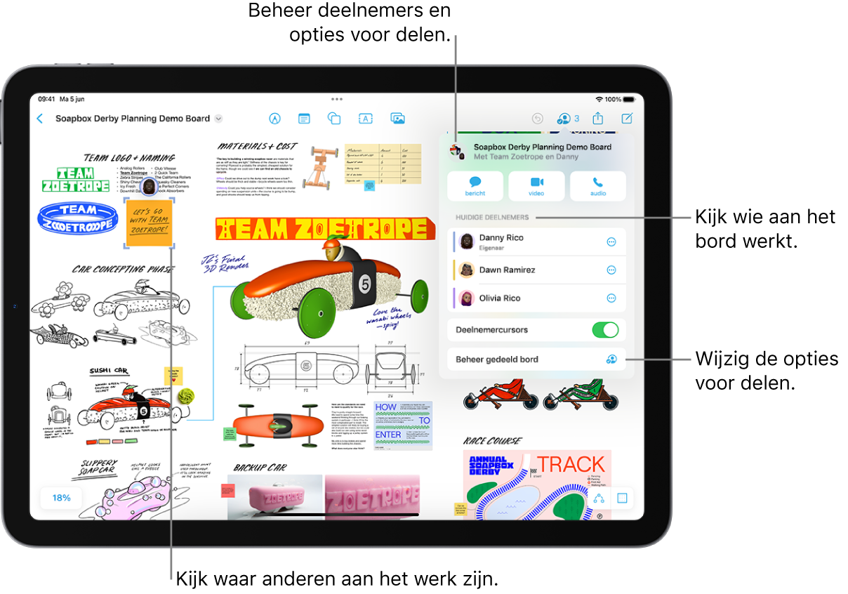 Een gedeeld Freeform-bord op een iPad. Het samenwerkingsmenu is geopend en de locatie van een andere deelnemer op het bord is gemarkeerd.