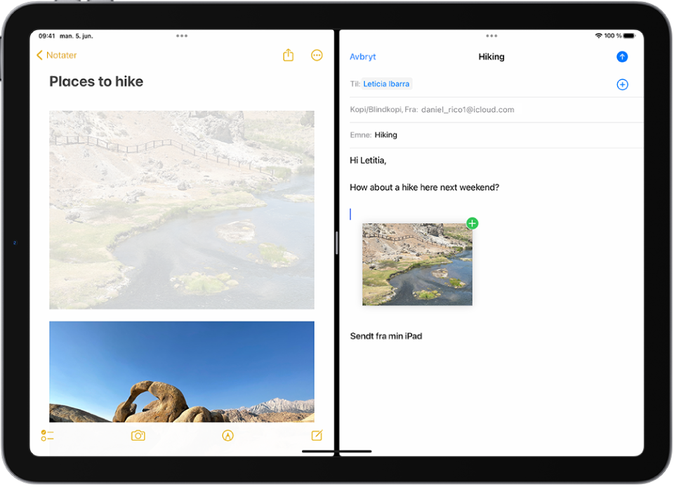 Split View med Notater åpen til venstre og en e-post åpen til høyre. Et bilde fra Notater flyttes over til e-posten.