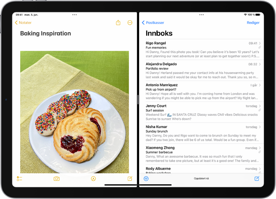 Notater-appen er åpnet på venstre siden av skjermen, og Mail-appen er åpnet på høyre side. Mellom appene vises en justerbar skillelinje som brukes til å endre fordelingen.