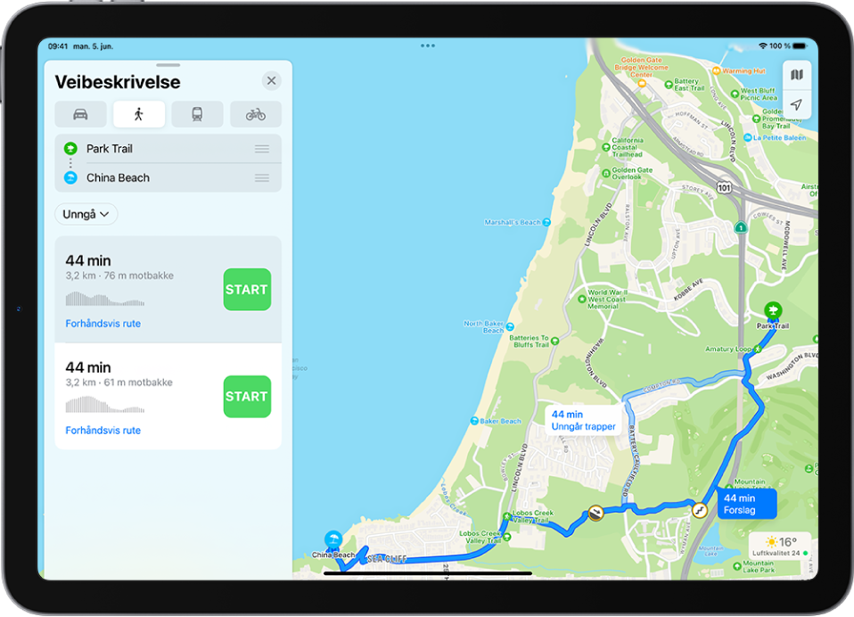 Et kart med to gåruter, og hver rute har en Start-knapp i rutekortet til venstre.