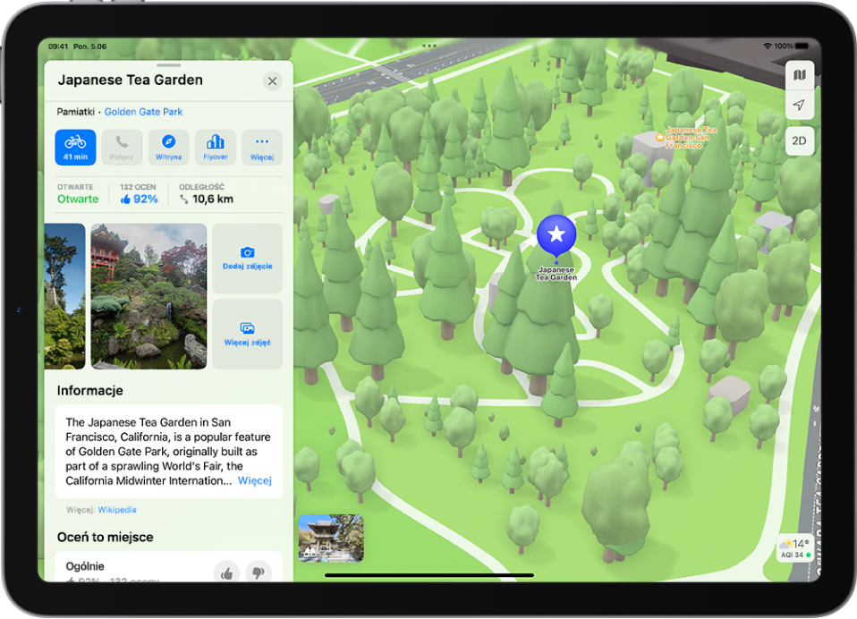 iPad wyświetlający kartę miejsca zawierającą ogólną ocenę miejsca, zdjęcia oraz przyciski, przy użyciu których możesz dodać zdjęcia, przeglądać istniejące oraz ocenić miejsce.