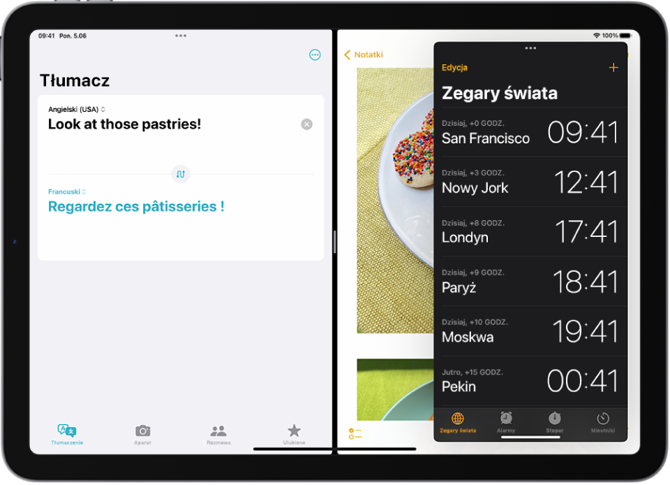 Po lewej stronie ekranu otwarta jest aplikacja Tłumacz. Po prawej stronie ekranu otwarta jest aplikacja Notatki. Aplikacja Zegar otwarta jest w oknie Slajd Ołwer, częściowo zasłaniającym okno Notatek.