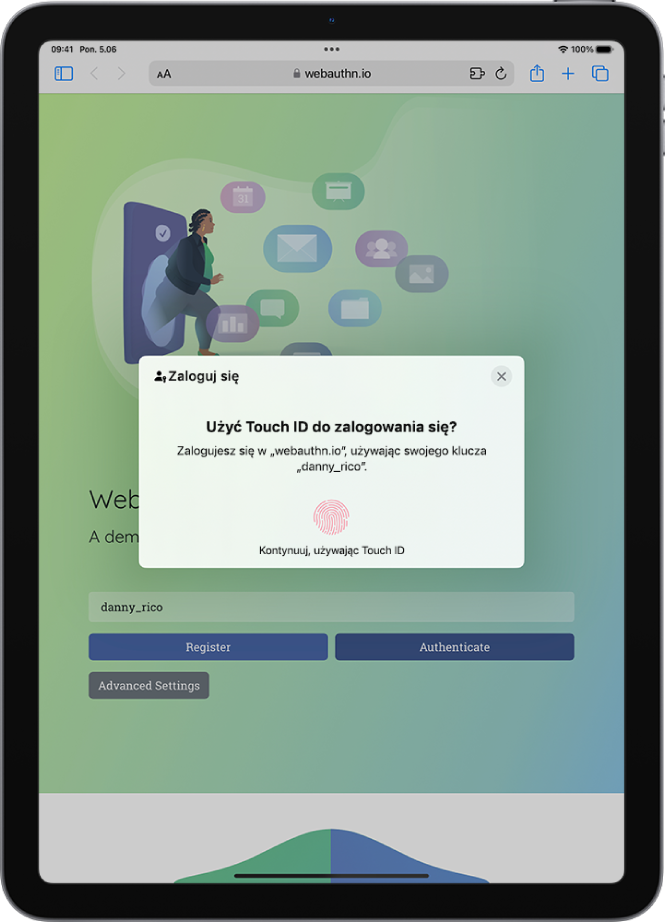 Ekran logowania na koncie używającym Touch ID jako części klucza.