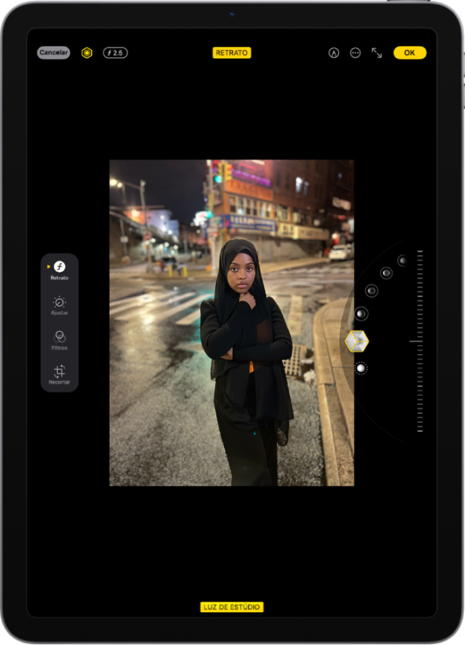O ecrã Editar de uma fotografia do modo Retrato. A fotografia encontra‑se ao centro do ecrã e, no lado direito do ecrã, estão as opções do efeito de iluminação. O botão “Luz de estúdio” está selecionado e existe um nivelador para ajustar o nível do efeito. No lado esquerdo do ecrã encontram‑se os botões Retrato, Ajustar, Filtros e Recortar. O botão “Retrato” está selecionado.