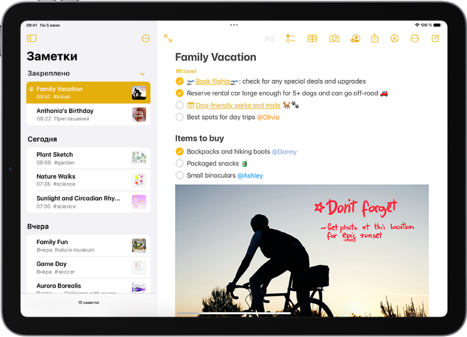 Заметка с контрольным списком для семейного отпуска и тегом #отпуск.