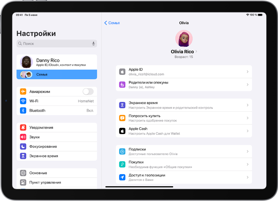 На экране Настроек показаны функции, доступные подростку из семейной группы, такие как «Попросить купить» и «Apple Cash».