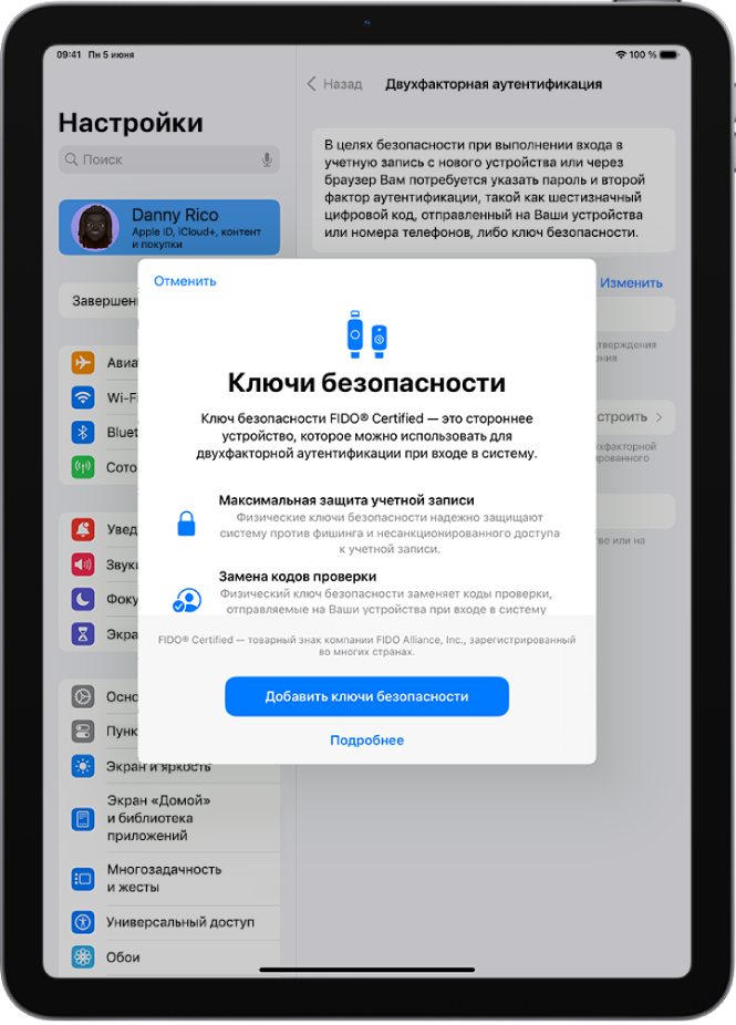 Экран приветствия функции «Ключи безопасности». В нижней части экрана расположены кнопка «Добавить ключи безопасности» и ссылка «Подробнее». Выше находится поясняющий текст о преимуществах использования ключей безопасности.