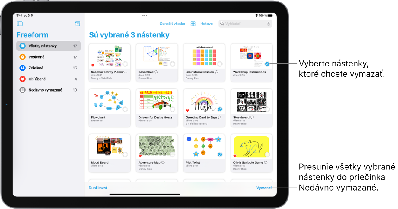 V zobrazení Všetky nástenky v apke Freeform je označených niekoľko násteniek. V pravom dolnom rohu obrazovky je tlačidlo Vymazať.