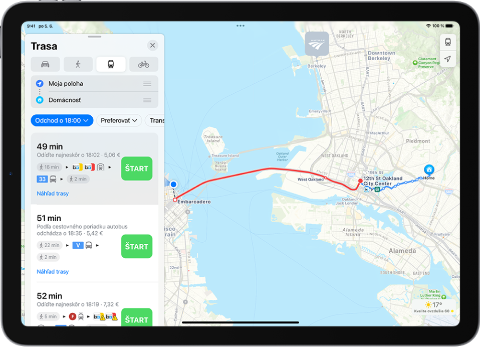 Mapa s trasou využívajúcou verejnú dopravu. Na karte trasy na ľavej strane sa zobrazujú tlačidlá Štart pre rôzne varianty trasy.