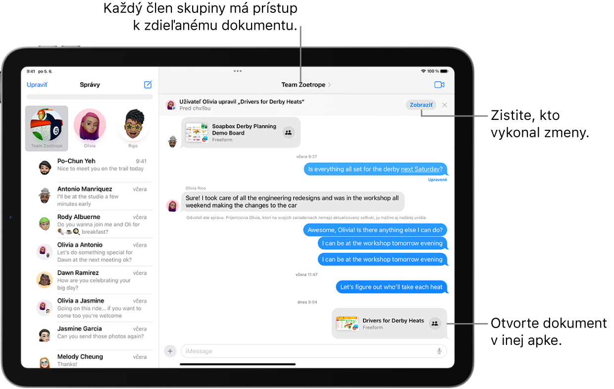 Skupinová konverzácia v apke Správy vrátane pozvánky na spoluprácu a aktualizácií v hornej časti okna konverzácie.