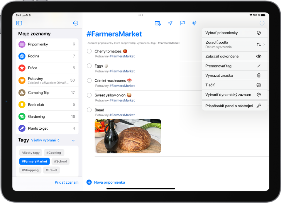 Obrazovka apky Pripomienky s prehliadačom tagov vľavo dole. Je vybraný tag FarmersMarket. Vpravo je zoznam položiek s tagom FarmersMarket.