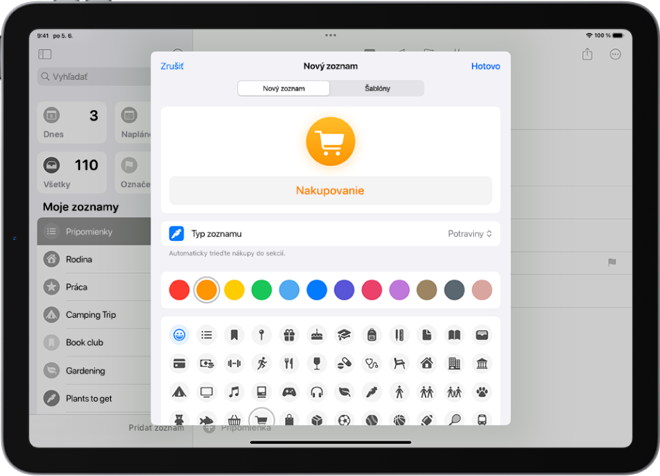 Obrazovka na vytvorenie nového zoznamu v apke Pripomienky. Môžete prispôsobiť názov, typ zoznamu, farbu a ikonu.