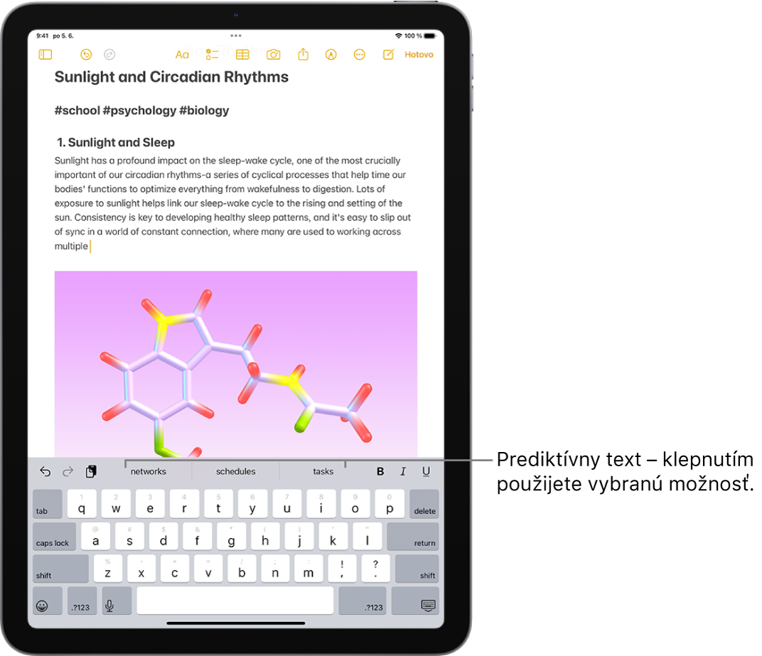 V apke Poznámky je otvorená dotyková klávesnica. Text sa zadáva do textového poľa a nad klávesnicou sú návrhy prediktívneho textu pre ďalšie slovo.