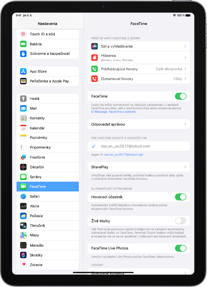 Obrazovka nastavení apky FaceTime zobrazujúca prepínač na zapnutie alebo vypnutie apky FaceTime a pole, do ktorého zadáte svoje Apple ID pre FaceTime.