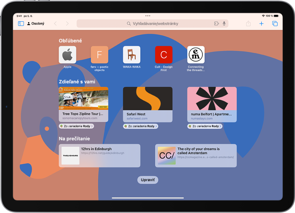 Úvodná stránka v Safari, na ktorej sú zobrazené obľúbené webové stránky, webové stránky, ktoré s vami boli zdieľané, a webové stránky uložené v zozname Na prečítanie. V dolnej časti obrazovky je tlačidlo Upraviť.