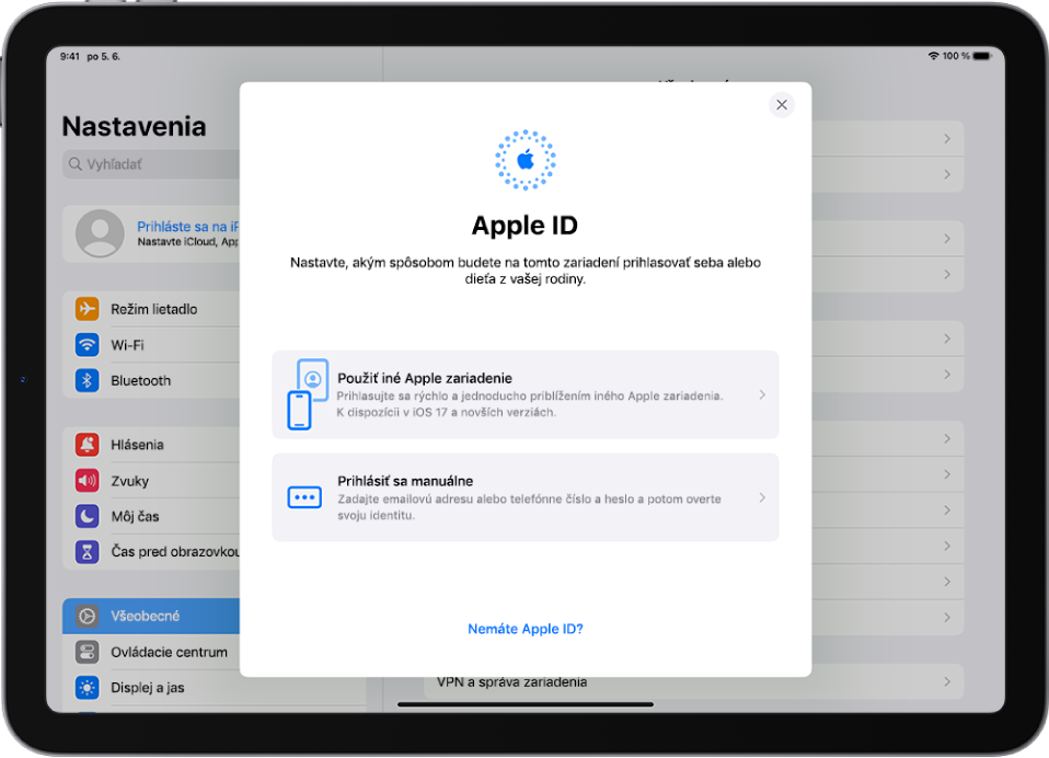 Obrazovka Nastavenia, na ktorej sa v strede zobrazuje dialógové okno prihlásenia pomocou Apple ID.