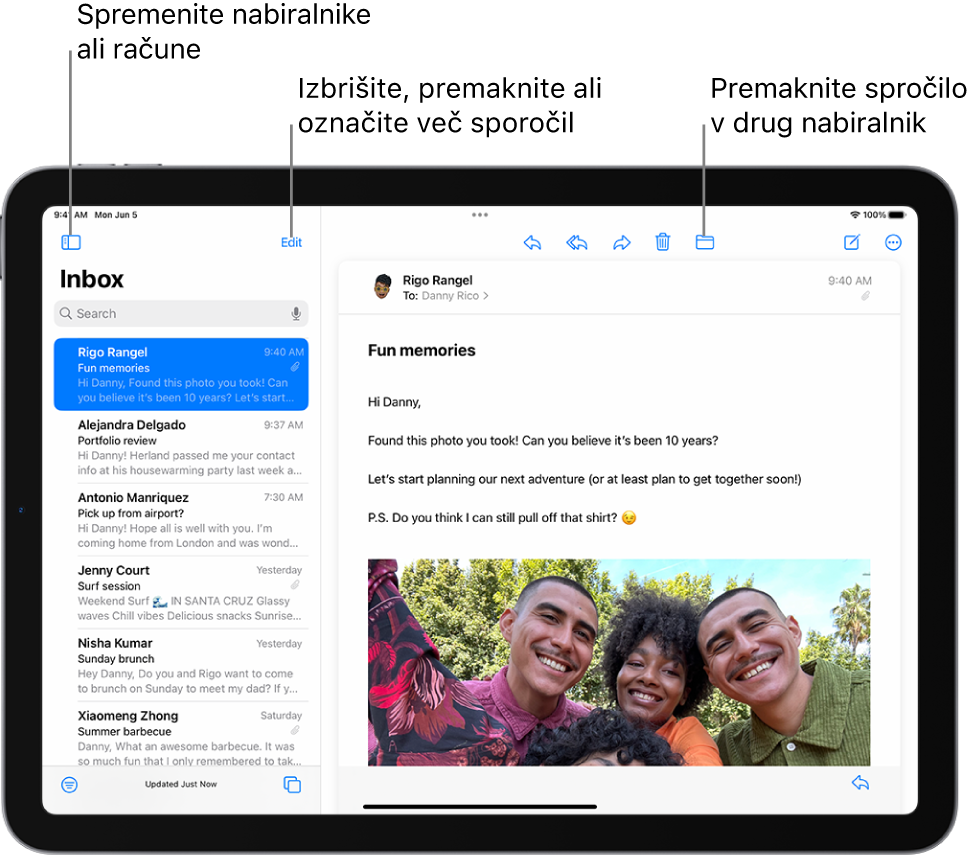 Nabiralnik v aplikaciji Mail s seznamom e-poštnih sporočil na levi strani in odprtim e-poštnim sporočilom na desni strani.