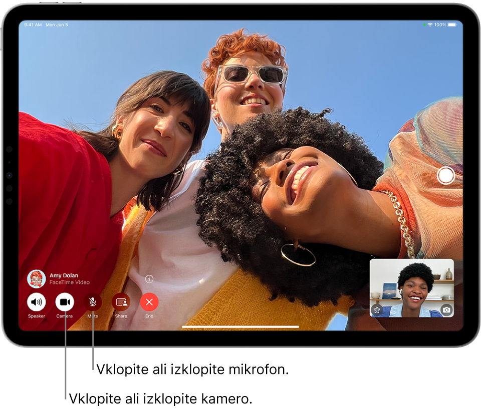 Zaslon FaceTime, ki prikazuje trenutni klic. Slika klicatelja se prikaže v majhnem pravokotniku spodaj desno, slika prejemnika pa je prikazana na preostalem zaslonu. Na dnu zaslona so gumbi FaceTime na vrhu zaslona, vključno z gumbi Speaker, Camera, Mute, Share Content in End. Na vrhu krmilne funkcije sta ime ali Apple ID osebe, s katero govorite.