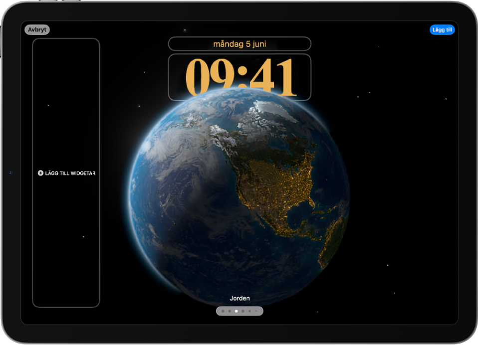 En anpassad låsskärm som redigeras. Element som är tillgängliga för anpassning är markerade – datum, tid och en knapp för att lägga till widgetar.