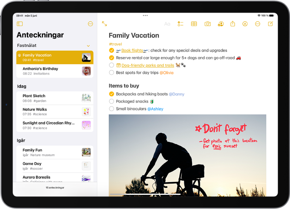 En anteckning visar en uppgiftslista för en familjesemester. Anteckningen innehåller en länk till en webbsida, en länk till en annan anteckning, en inköpslista och en bild längst ned.
