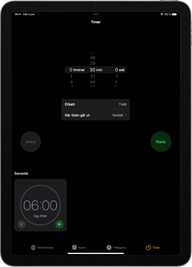 Fliken Timer med inställningarna för en timer. En nyligen skapad timer finns nedanför timerinställningarna. Längst ned finns knapparna Världsklocka, Väckarklocka, Tidtagarur och Timer.