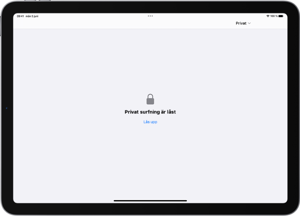 Safari är öppen i privat surfningsläge. I mitten av skärmen visas orden Privat surfning är låst. Nedanför finns knappen Lås upp.