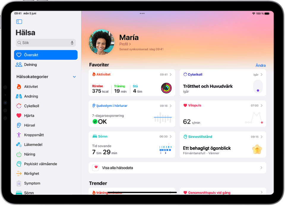 Skärmen Översikt i Hälsa. Information om aktivitet, ljudnivå för hörlurarna, sömn, cykelkoll, vilopuls och steg visas under Favoriter.