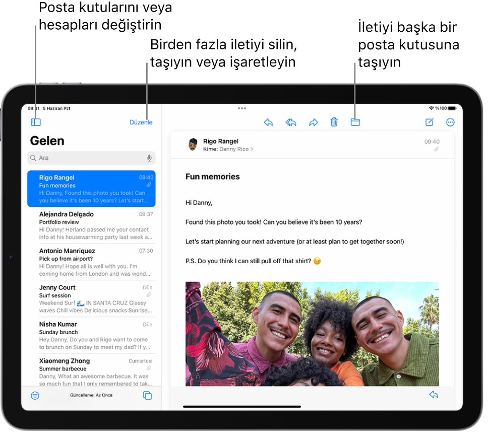 Solda e-posta listesi ve sağda açık bir e-posta ile Mail’in Gelen Kutusu.