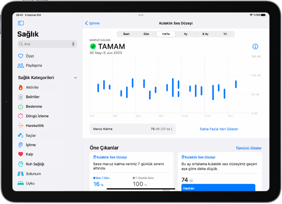 Sağlık’taki İşitme ekranı, bir haftadaki kulaklık ses düzeylerinin aralığını gösteriyor.