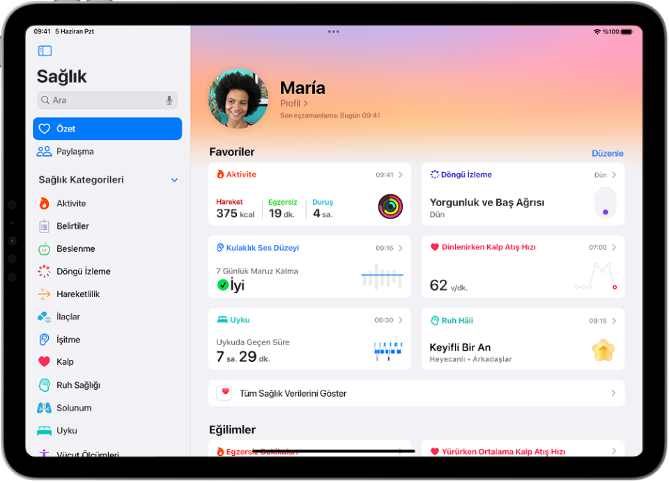Sağlık uygulamasının Özet ekranı aktivite, uyku, kulaklık ses düzeyleri ve benzeri ayrıntıları gösteriyor.