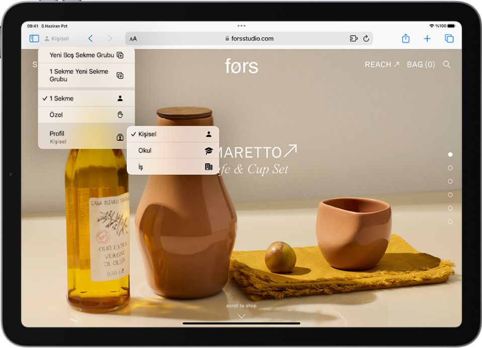 Safari’de arama alanının sol tarafındaki Sekme Grubu menüsü açık. Menünün en altında Profil seçili ve bir menü Kişisel, Okul ve İş seçeneklerini gösteriyor.