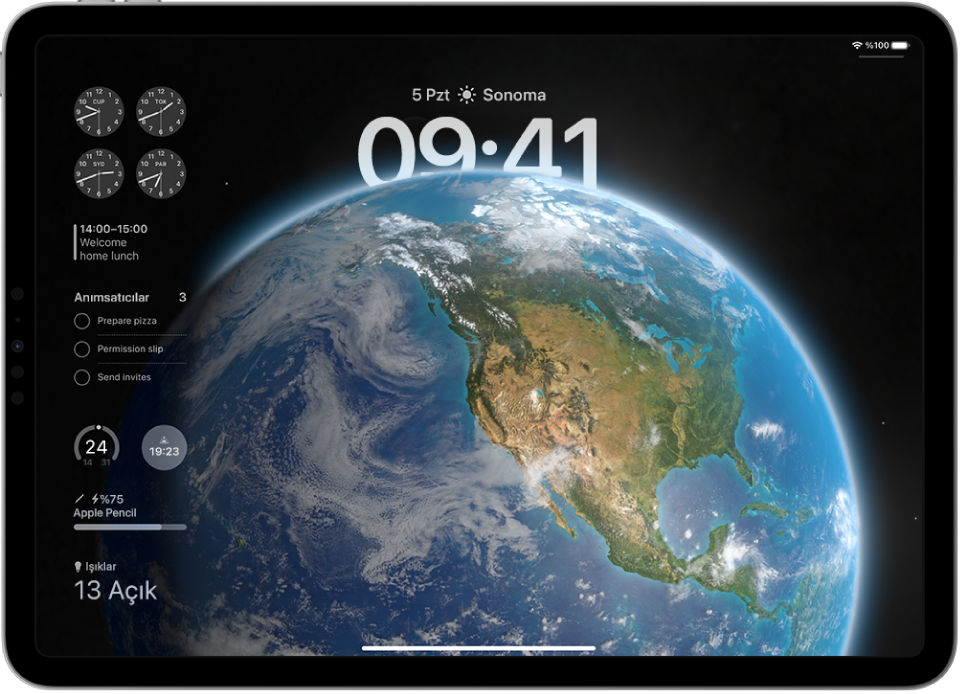 Ekranın en üstünde tarih, konum ve saat ile iPad kilitli ekranı. Ekranın sol tarafında yukarıdan aşağıya şu araç takımları var: Saat, Takvim, Anımsatıcılar, Hava Durumu ve Apple Pencil Pili.