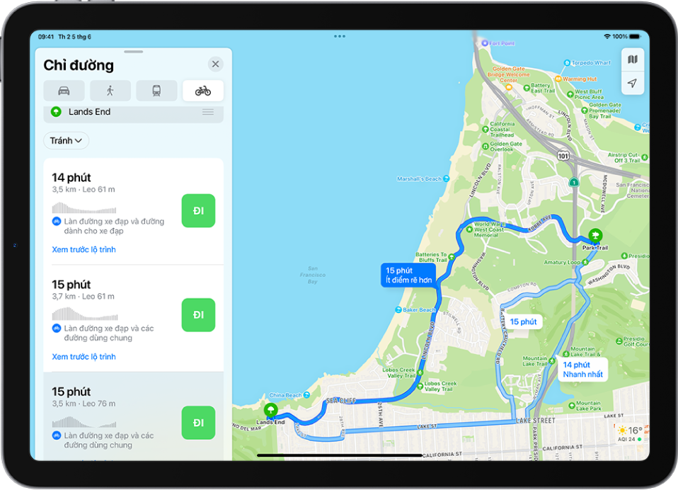 Một bản đồ đang hiển thị một số lộ trình đi xe đạp, mỗi lộ trình được liệt kê với một nút Đi trong thẻ lộ trình ở bên trái.