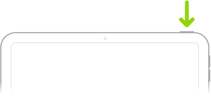 Một mũi tên màu lục đang trỏ vào nút ở trên cùng bên phải của iPad.