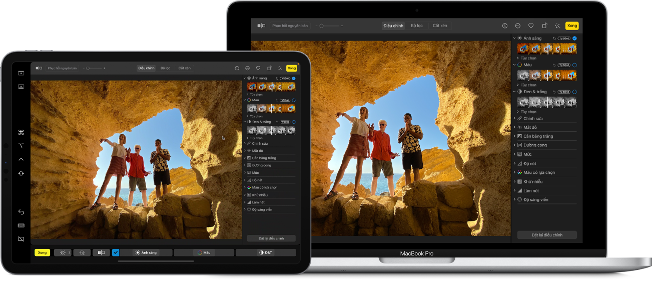 Một màn hình máy Mac bên cạnh một màn hình iPad. Cả hai màn hình hiển thị một cửa sổ từ một ứng dụng chỉnh sửa ảnh.
