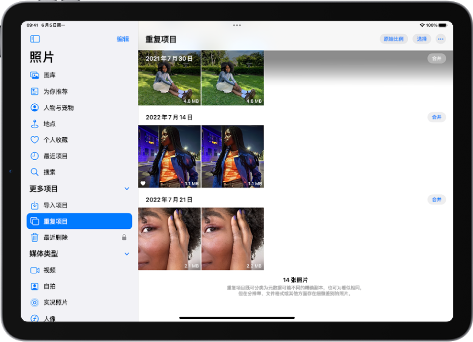 “重复项目”屏幕显示彼此相邻的重复照片。屏幕右侧是用于合并每一对重复照片的“合并”按钮。