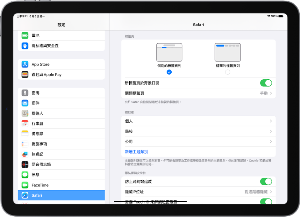 「設定」App 的 Safari 部分。「標籤頁」下方顯示「個別的標籤頁列」和「精簡的標籤頁列」選項。