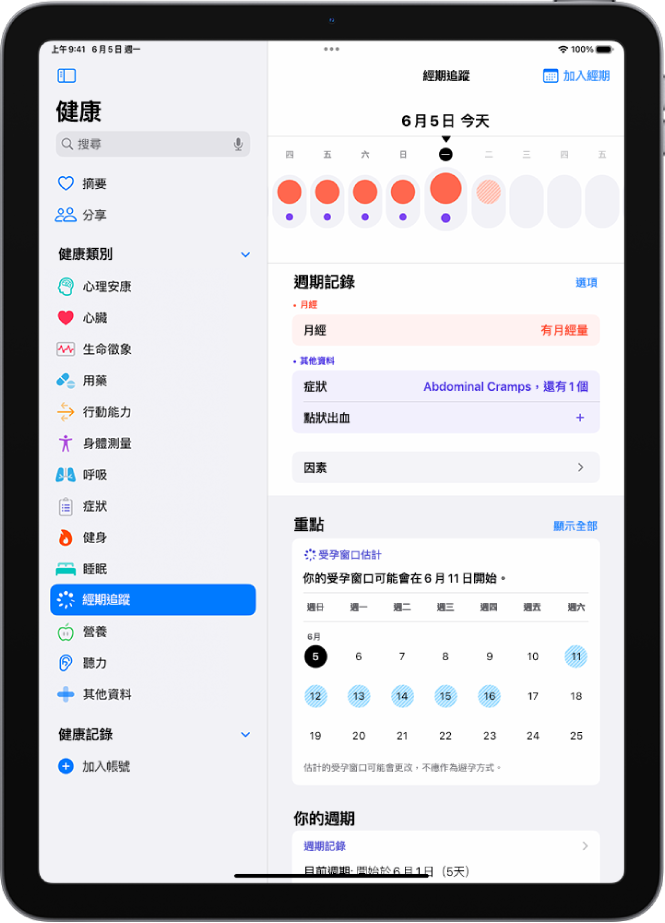 「經期追蹤」畫面最上方顯示一週時間軸。實心紅色圓圈和紫色圓點標記時間軸上的前 5 天。時間軸下方選項可加入經期、症狀和其他資訊。