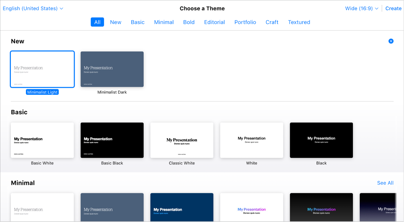 The theme chooser showing several template thumbnails. The Basic White theme is selected.