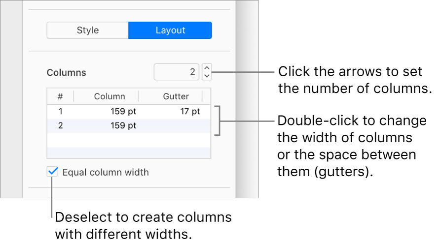 The text column controls in the Layout portion of the Format sidebar.