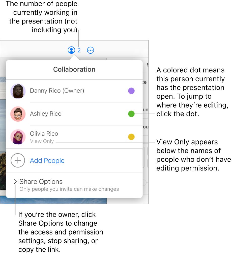 The Collaboration menu open, with a list of three participants (one with View Only access privileges), an option to Add People, and a Share Options section.